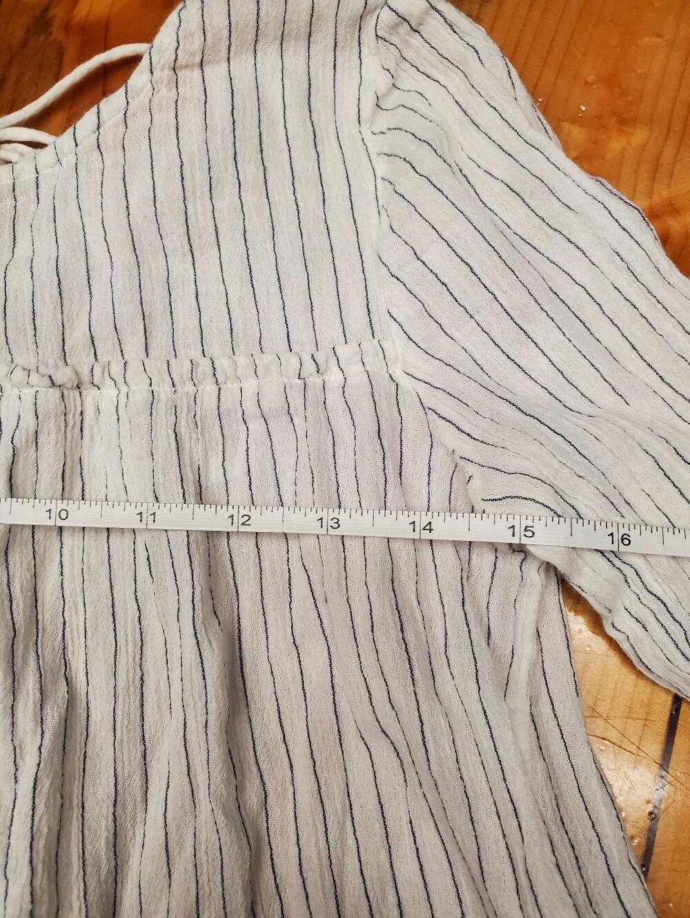 J.Crew Smocked Neck Textured Gauze Top | White Navy Pinstripe | 100% Cotton | - Picture 3 of 5